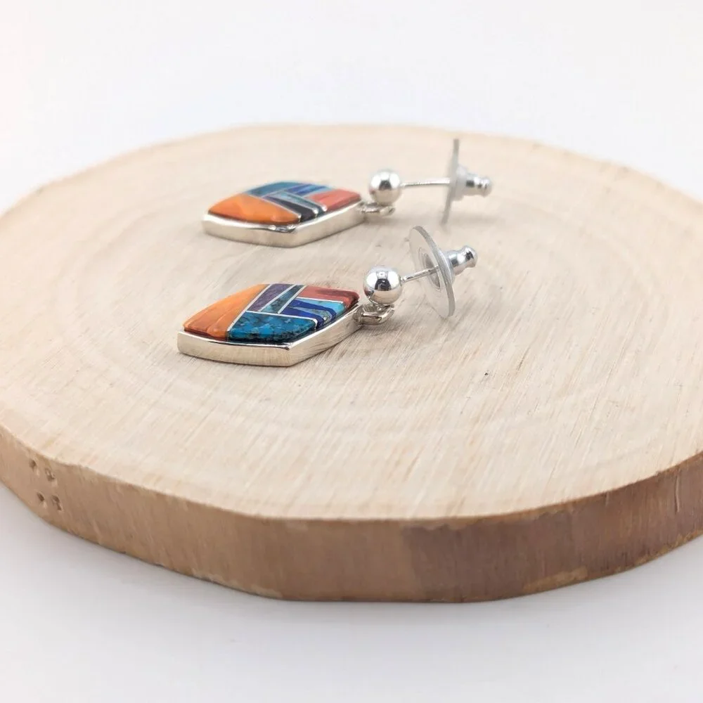 Handcrafted Navajo Multi Stone Inlay Dangle Sterling Silver Earrings Southwest**